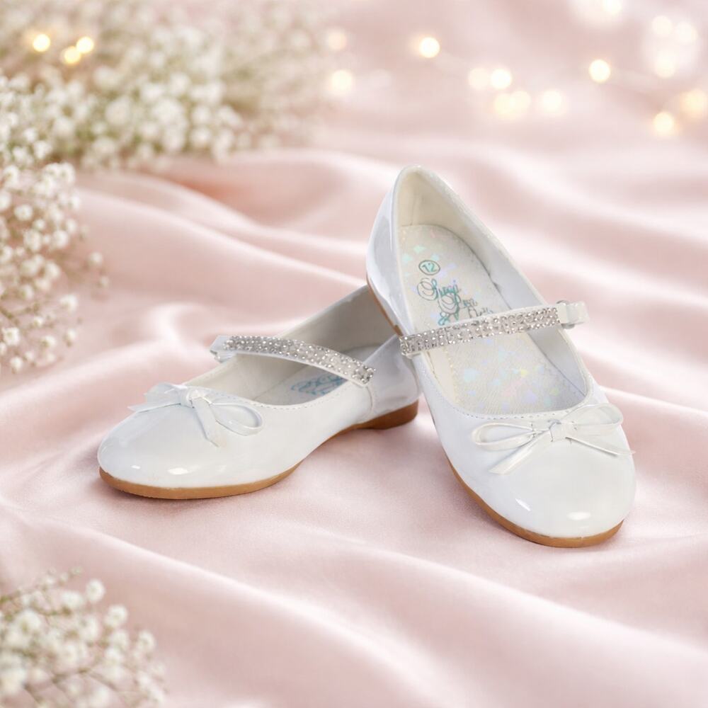 NEW Girl's Communion Dress Shoe - White/Patent Flat Shoe-Rhinestone Strap-Size 4